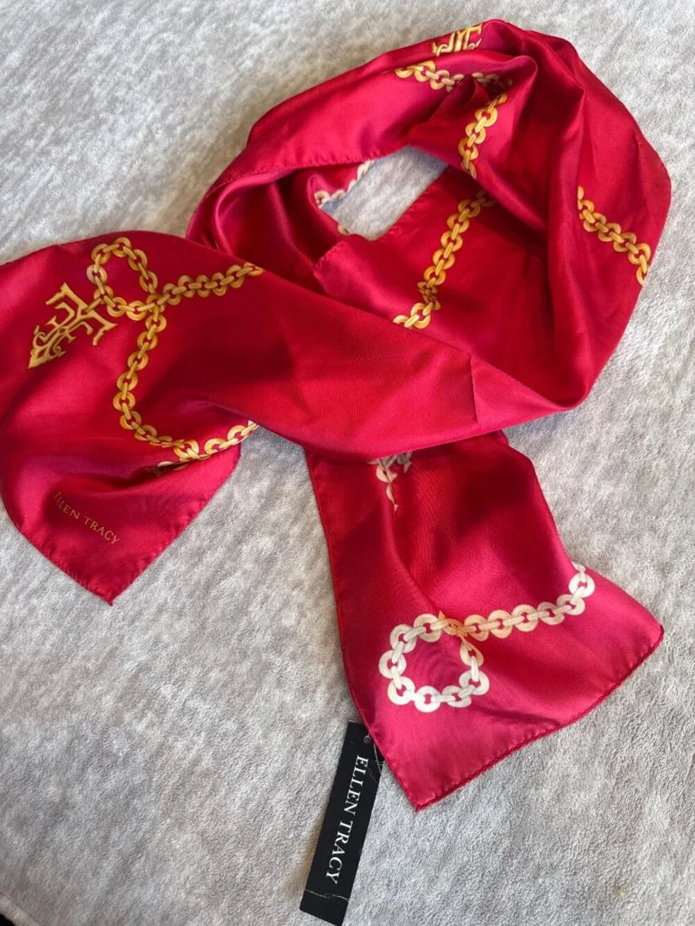 Vibrant Rectangle Red with Gold Chain 100% Silk Scarf Ellen Tracy